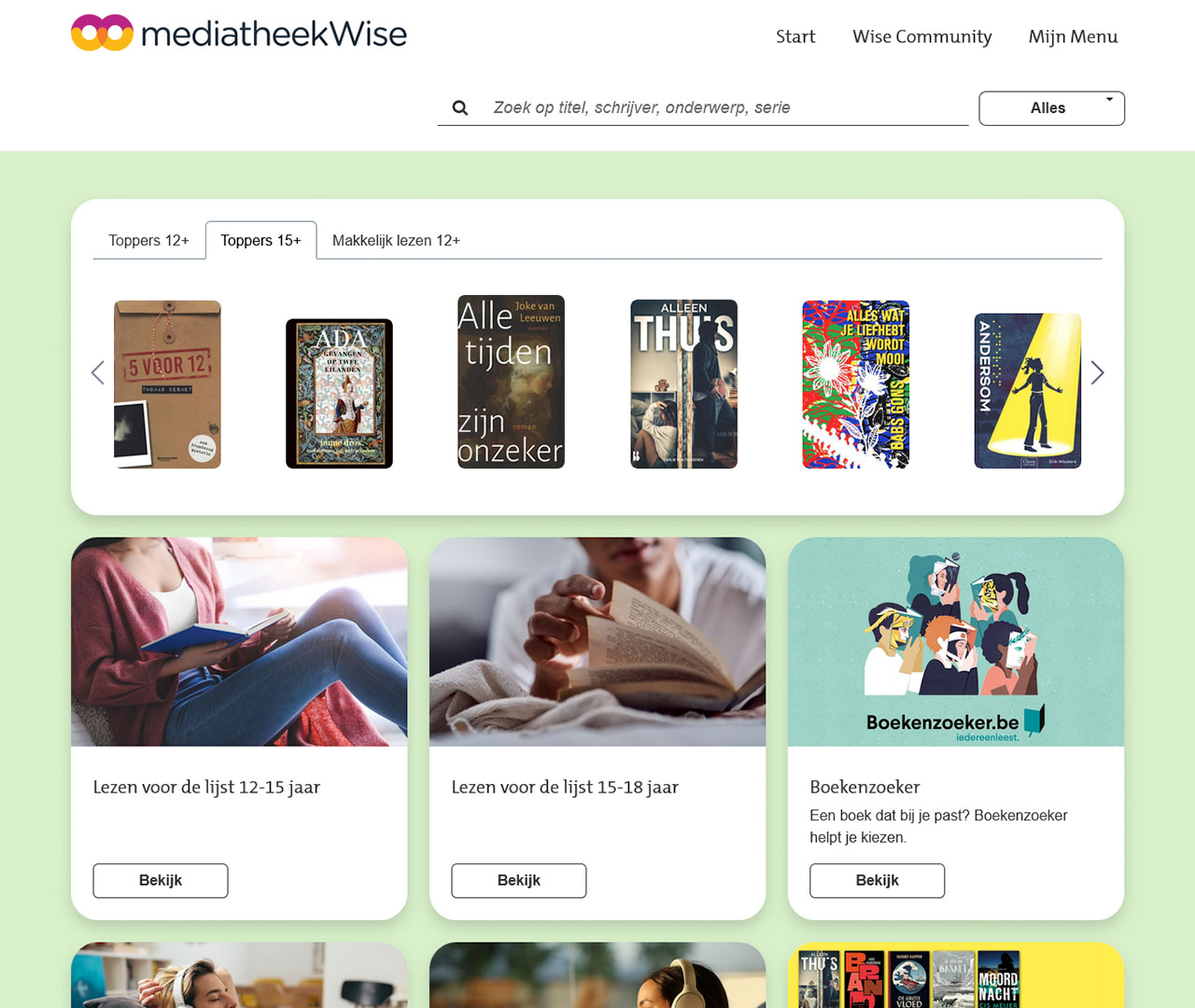 Screenshot van de startpagina van mediatheekWise met boekcovers van populaire titels en leeslijsten voor verschillende leeftijden